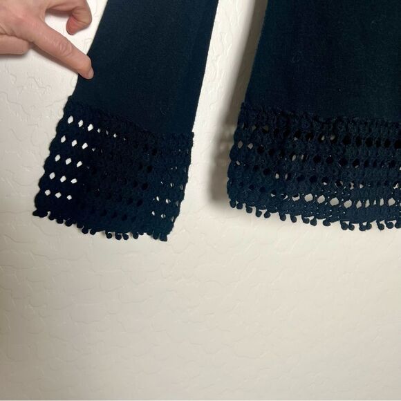 Yoana Baraschi Black V Neck Crochet Hem Cuff Tunic sweater L Indie Boho Hippie - Picture 7 of 14
